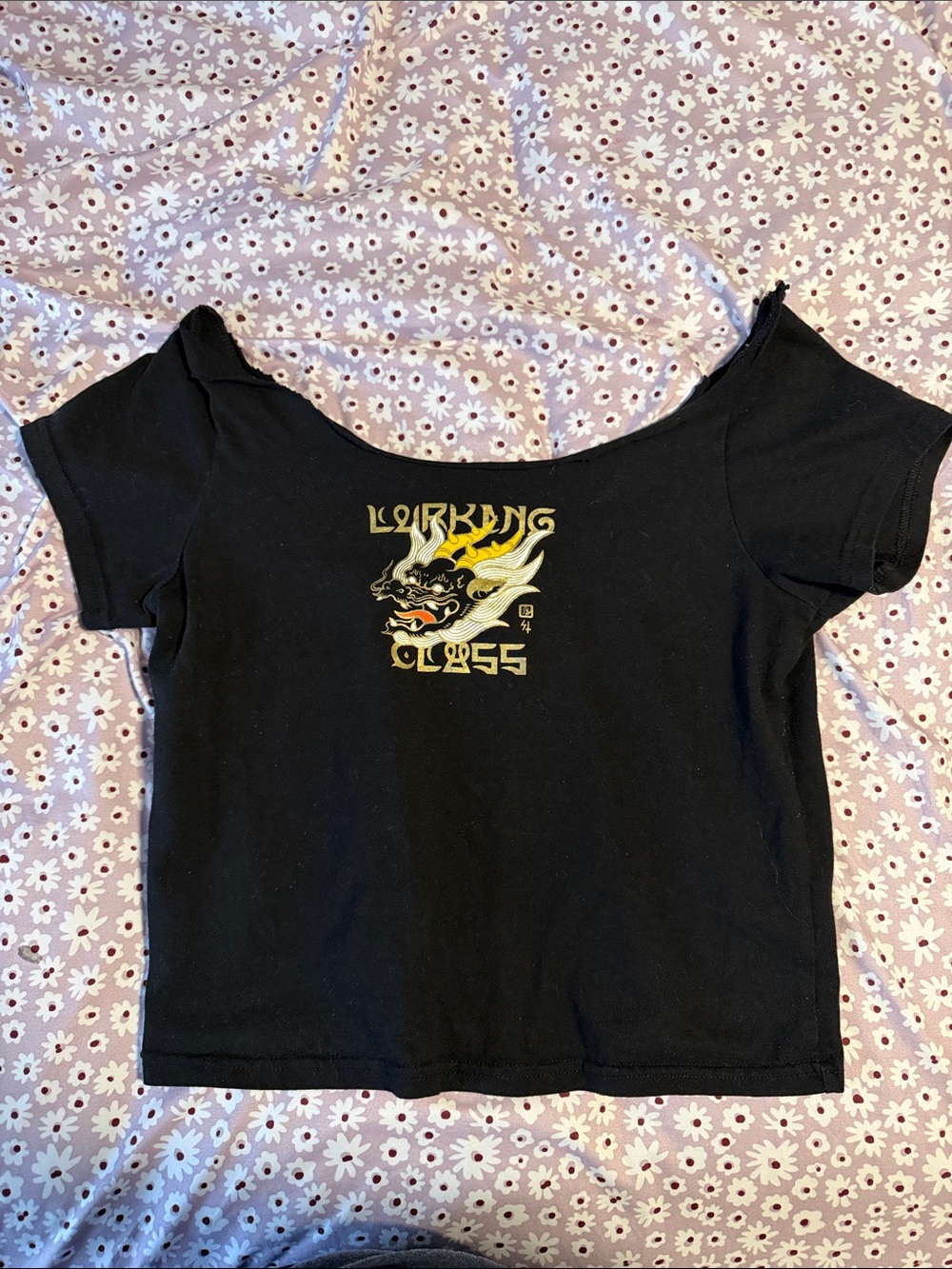 Black Graphic Dragon Crop Top - Kids Shirts & Tops